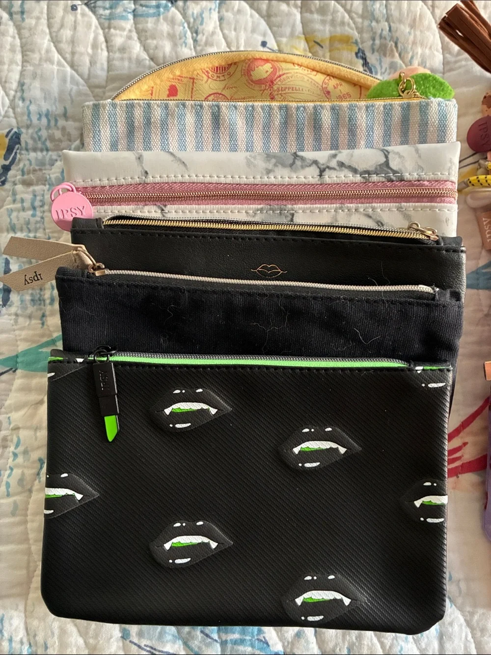 ipsy Assorted Zipper Pouch Bundle - Pink, Yellow, Black, Red, White, approx 7”.